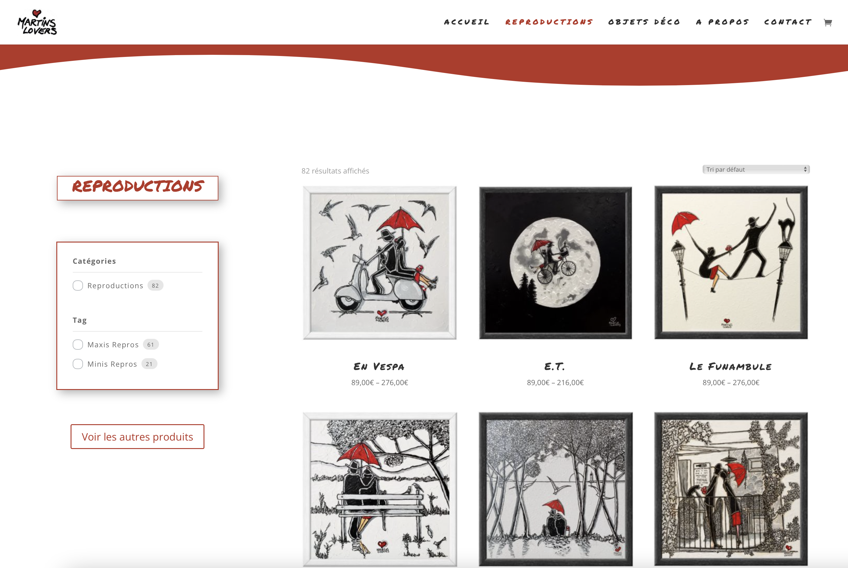 page reproductions du site e-commerce martins lovers présentant les tableaux à la vente